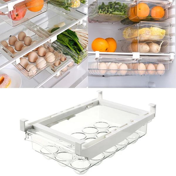 Caixa de armazenamento para alimentos, frutas e ovos na cozinha, organizador deslizante para geladeira