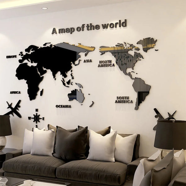 World Map Wall  3D Acrylic Wall Stickers Three-dimensional Mirror Stickers Bedroom Office Background Wall Decoration Stickers